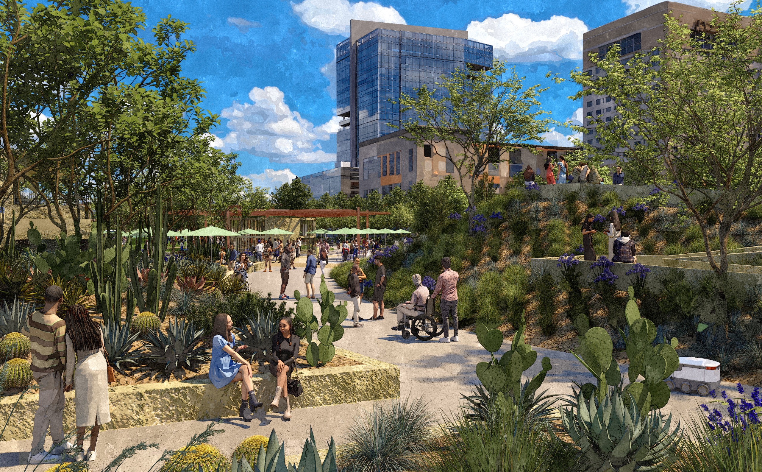 A rendering of the Deck Plaza with people relaxing, sitting, and walking among diverse plants and cacti. Modern buildings and a blue sky backdrop enhance a vibrant mood.