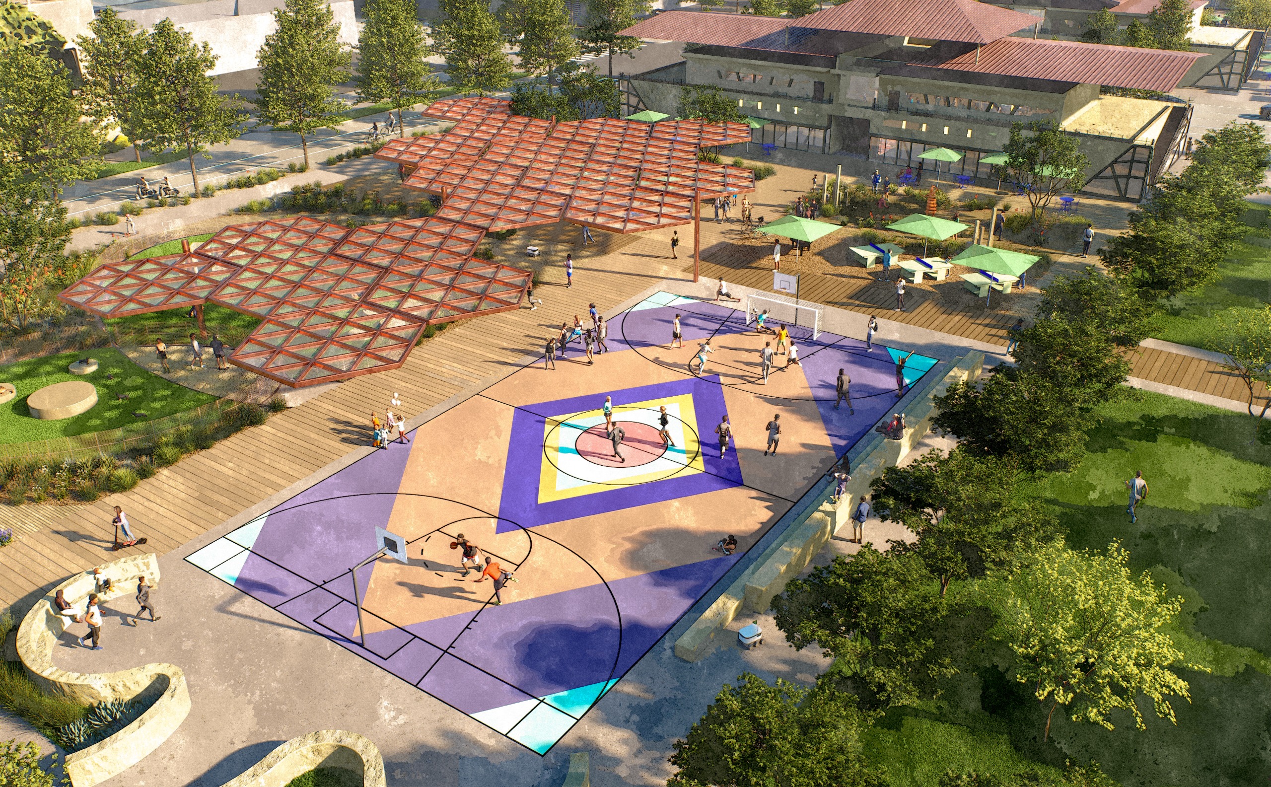 Aerial view of the future Deck Plaza with people playing basketball on a colorful court. Surrounding trees, walkways, and seating create a lively, community atmosphere.