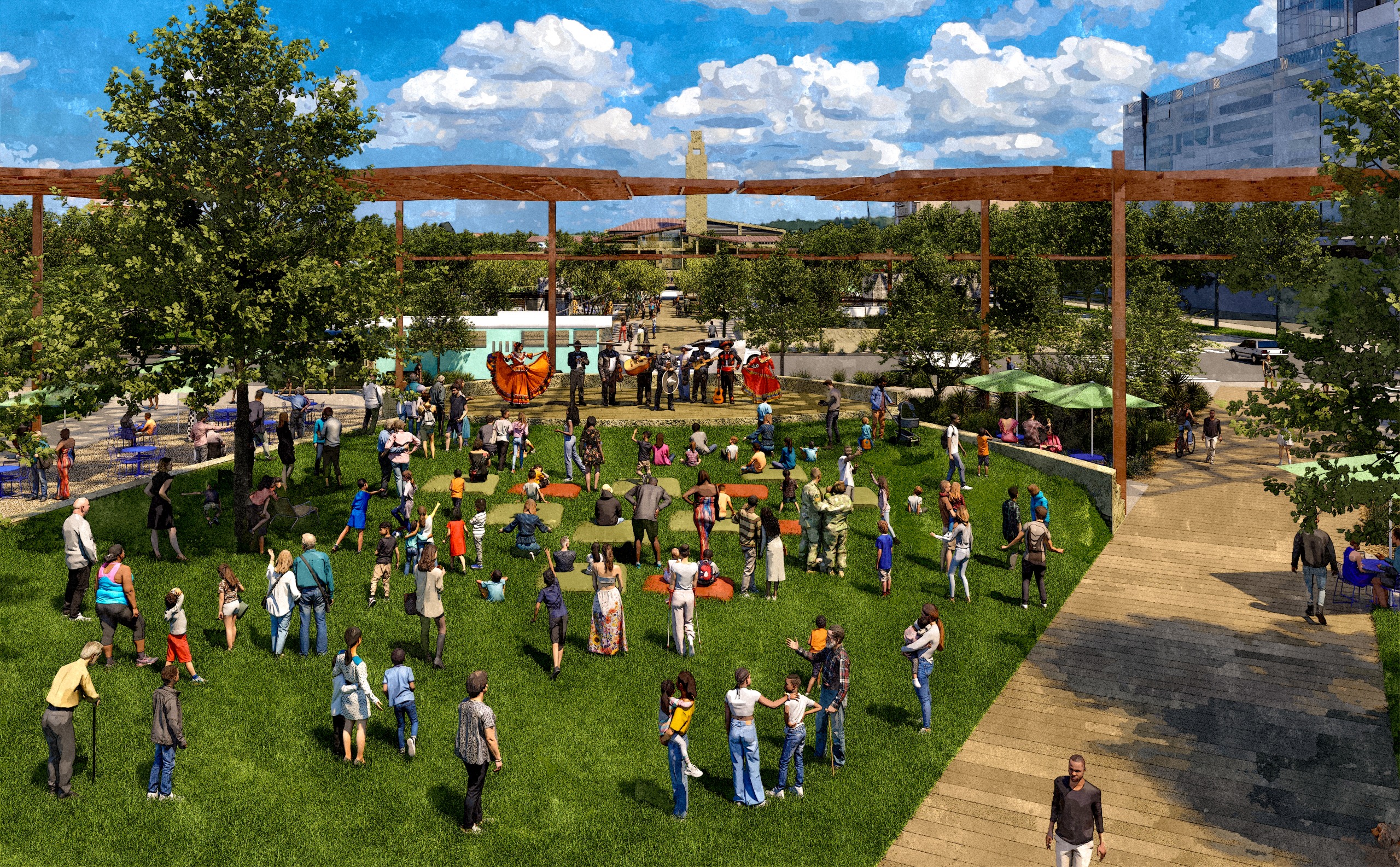 Rendering of proposed deck plaza showing an outdoor amphitheater with a crowd standing and sitting on grass listening to a concert.