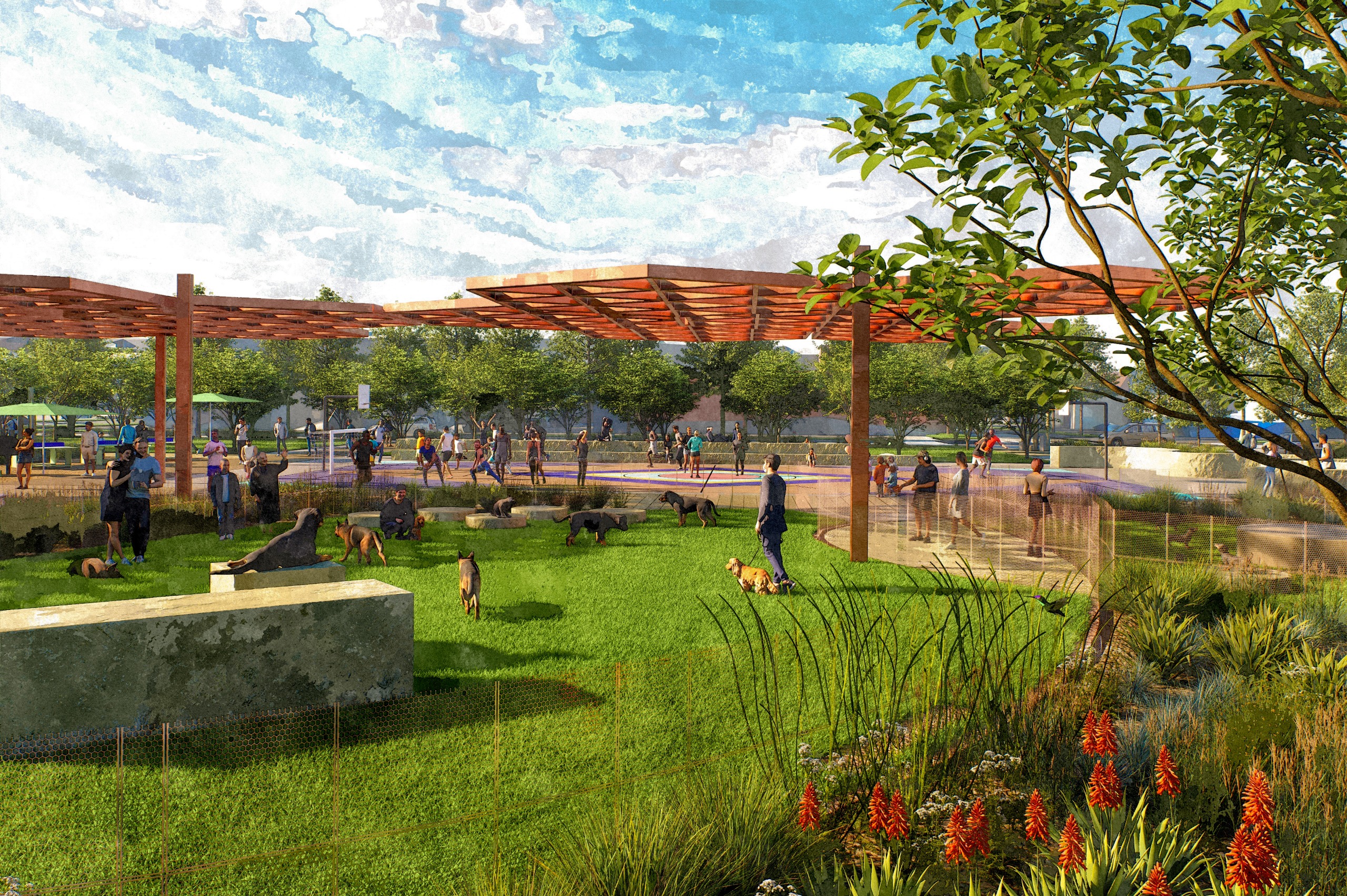 Rendering of future Deck Plaza with a vibrant dog park with lush green grass, people and dogs playing under a wooden canopy. Trees surround the area, creating a lively, joyful atmosphere.