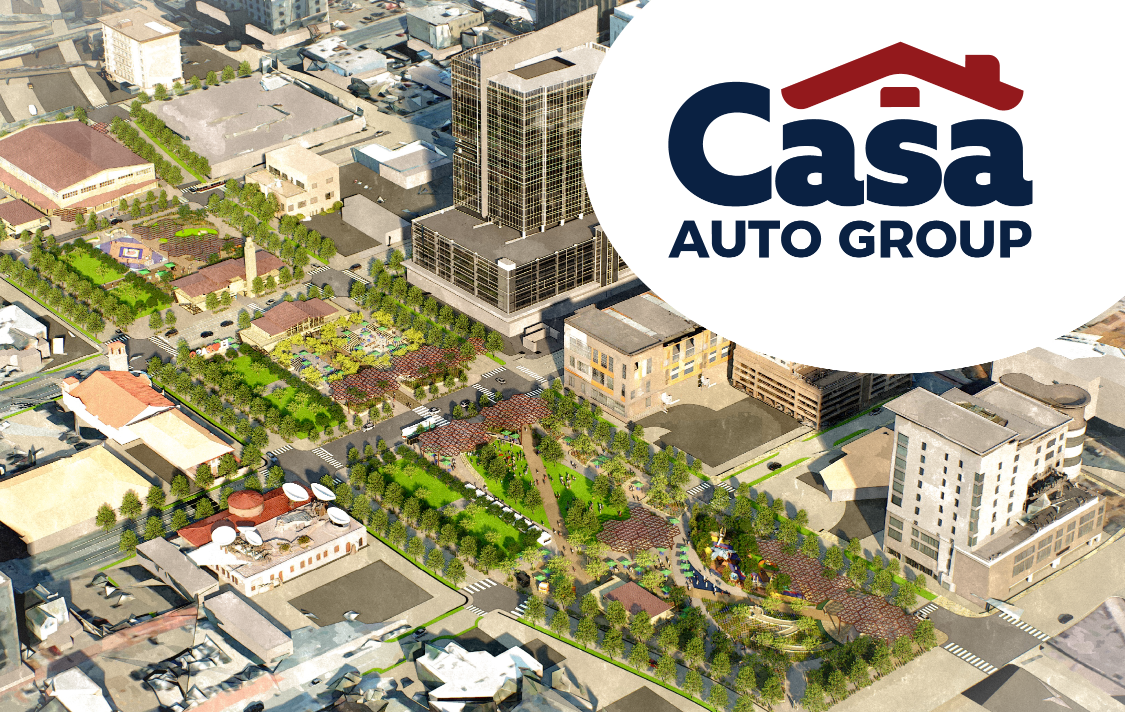 birds eye view Digital rendering of the Deck Plaza with A Casa Auto Group Logo in the top left corner