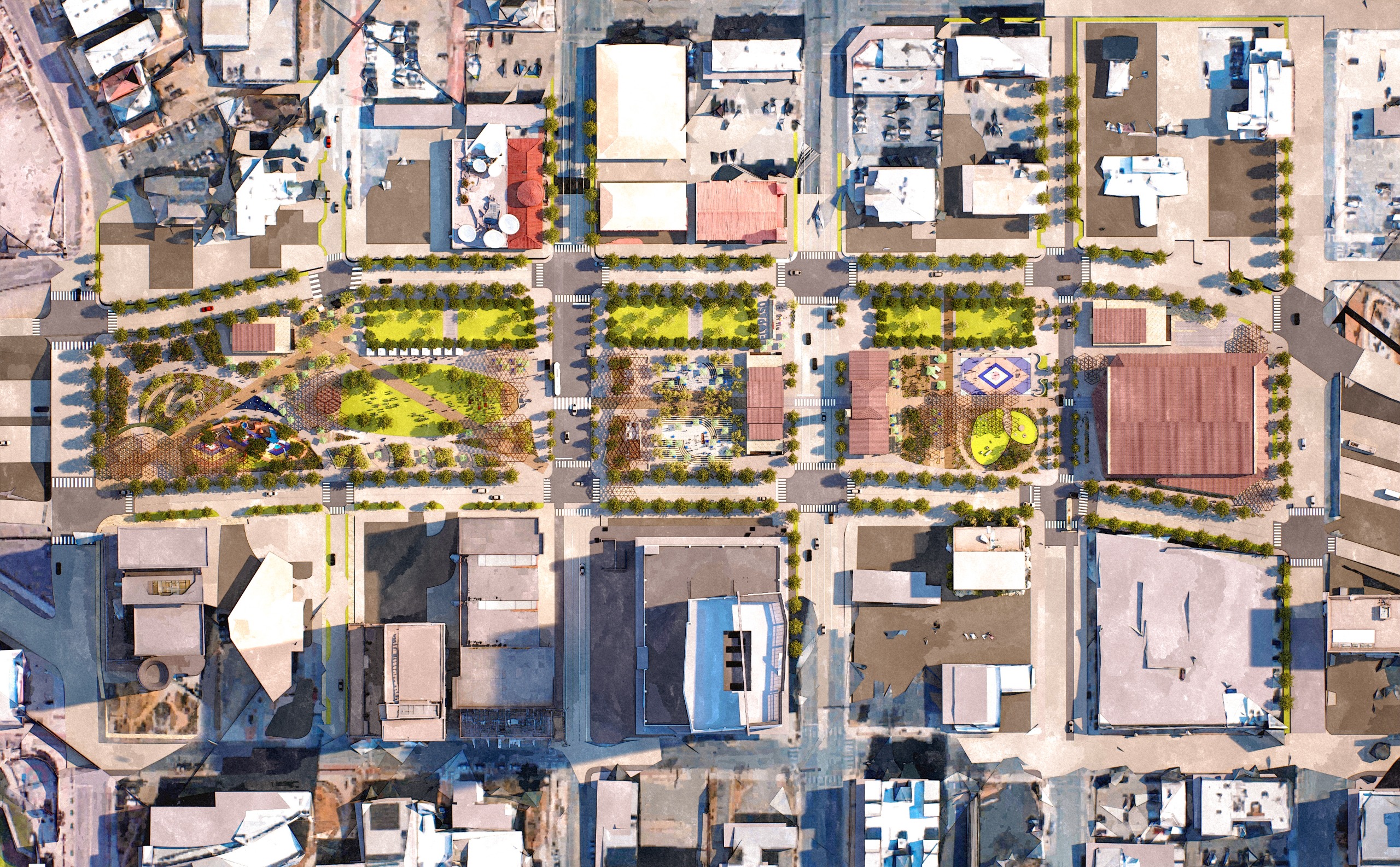 Photo rendering of the Deck Plaza, showing individuals in workout attire enjoying the space.