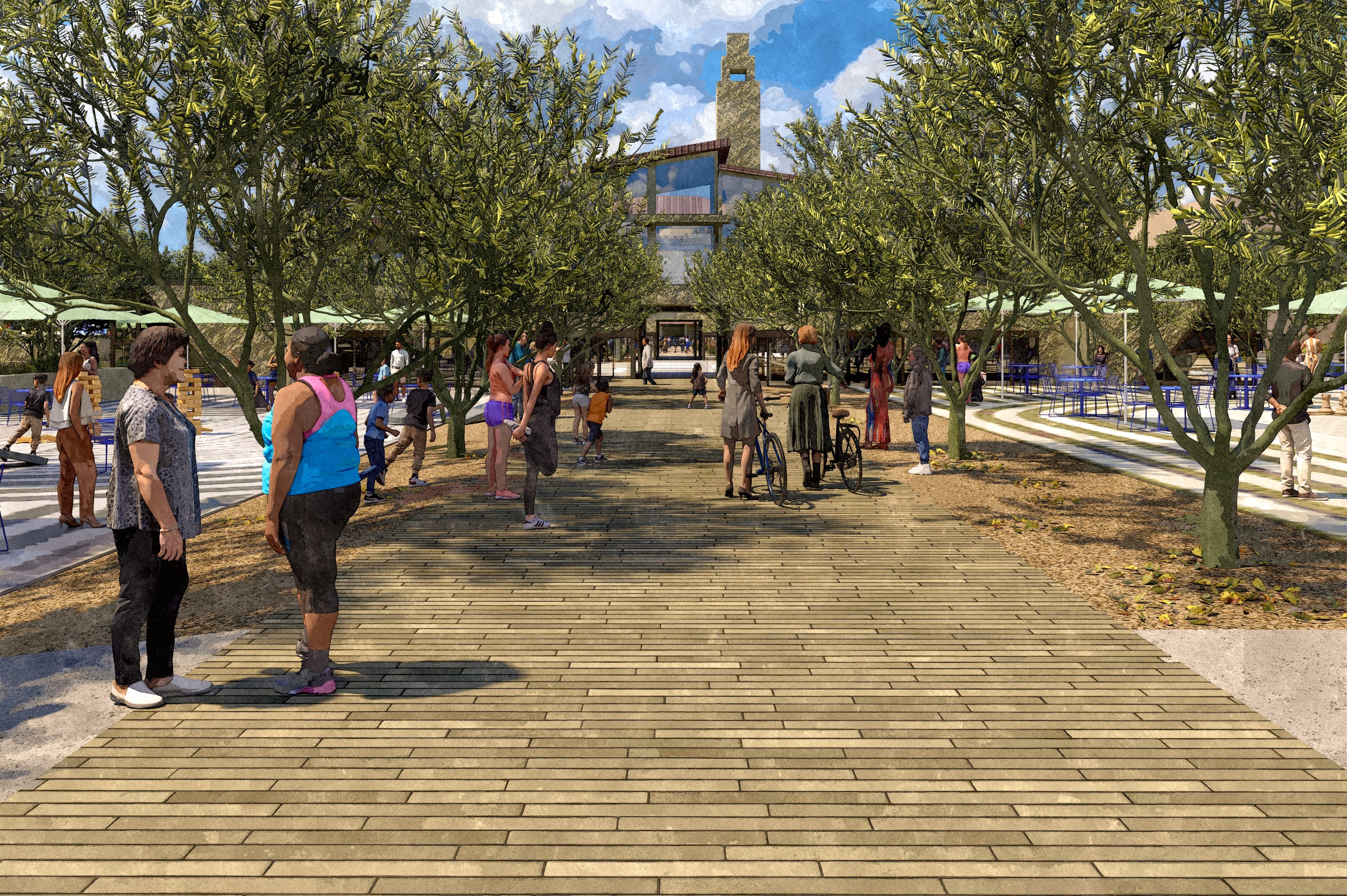 Photo rendering of the Deck Plaza, showing individuals in workout attire enjoying the space.