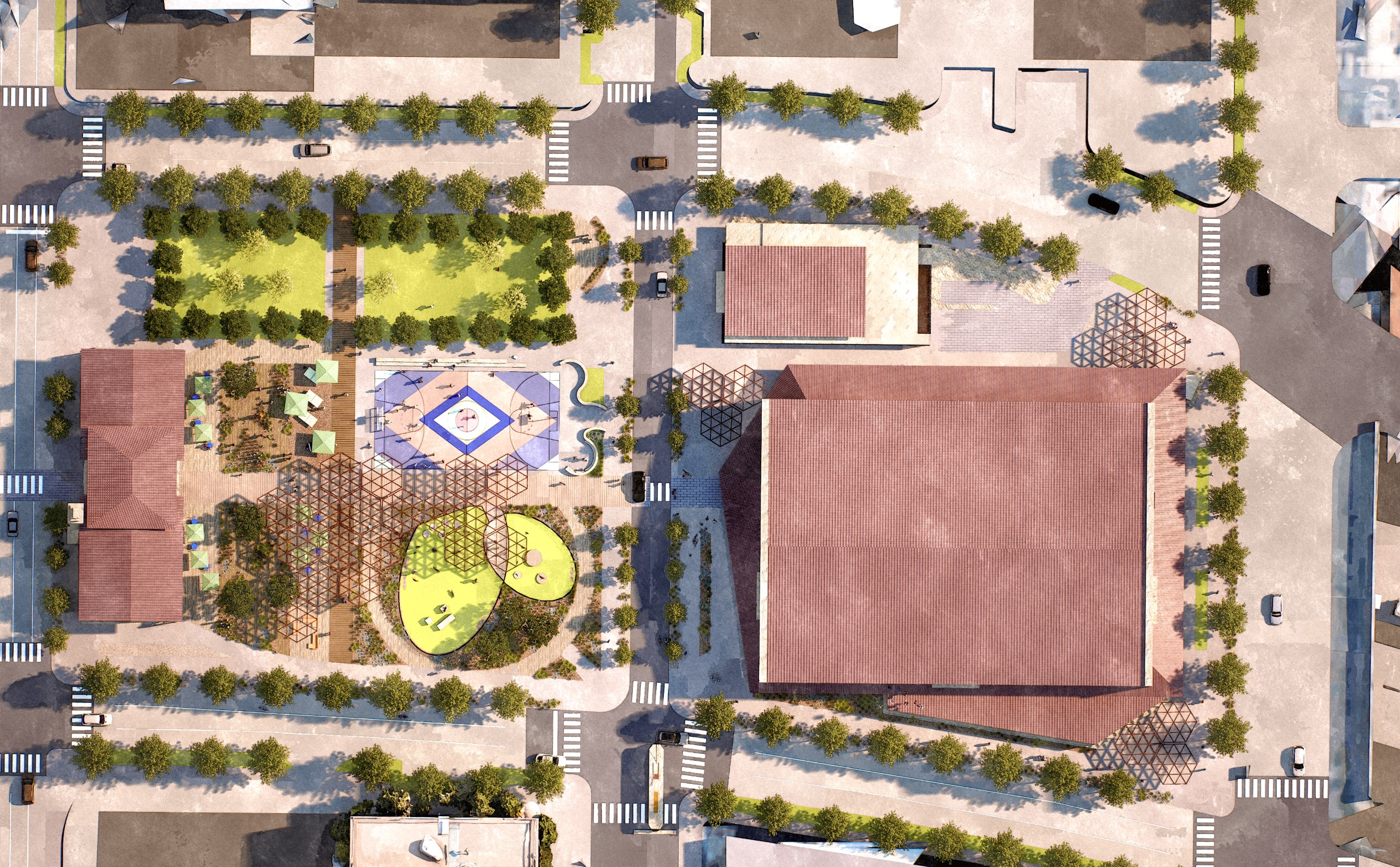 Aerial view of proposed Deck Plaza from N. Mesa St. to N. Kansas St.